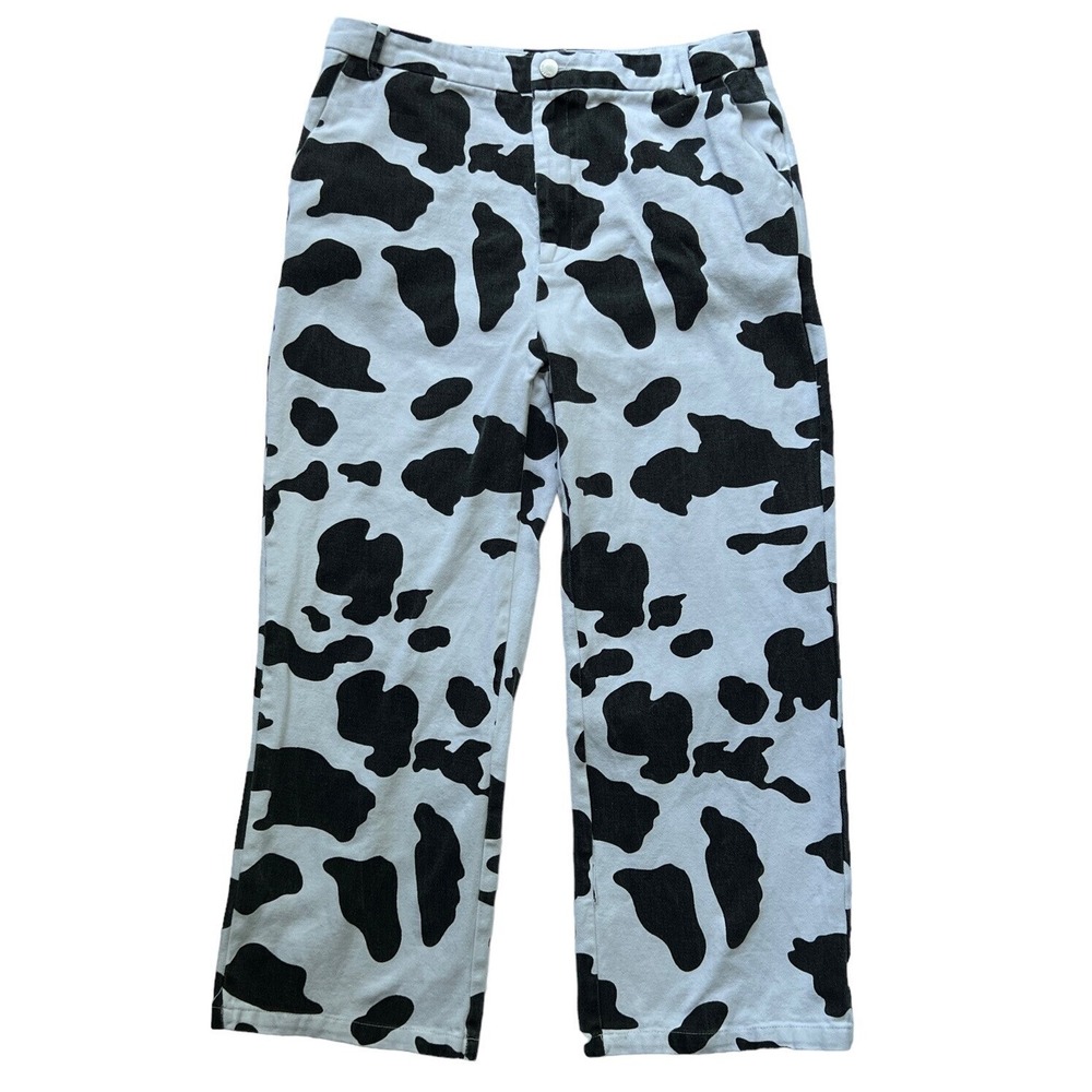 Cow Print Cropped Pants Jeans Womens 32 x 25 White Black Dairy Costume Farmer